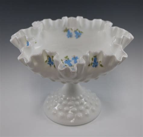 Vintage Fenton Handmade Milk Glass Hobnail Compote With Blue Etsy