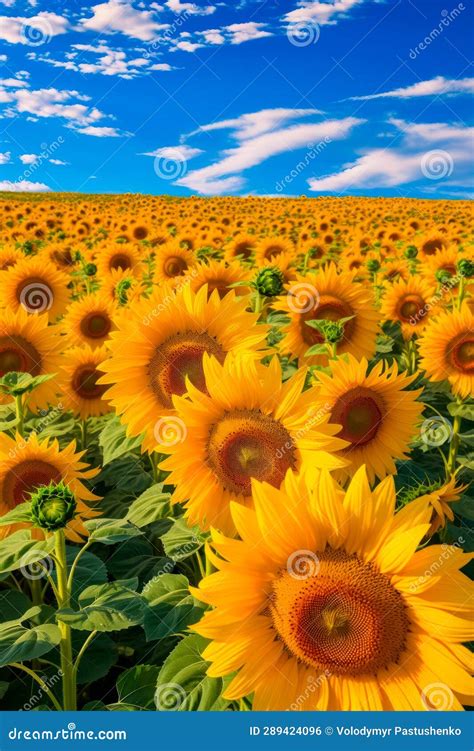 Field Of Sunflowers Under Blue Sky With Clouds Generative AI Stock