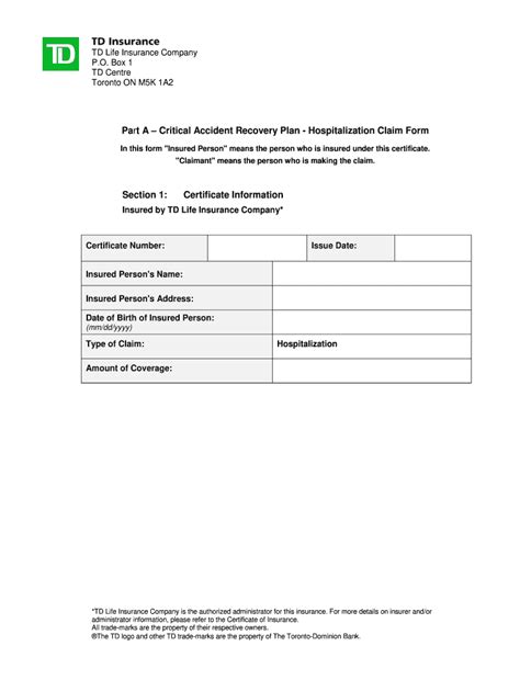 Canada Td Life Insurance Company Hospitalization Claim Package Fill And Sign Printable