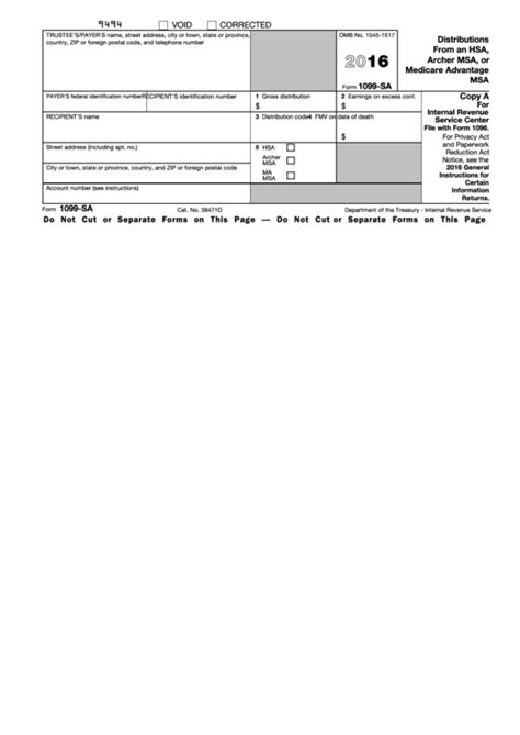 Fillable Form 1099-Sa - Distributions From An Hsa, Archer Msa, Or Medicare Advantage Msa - 2016 ...