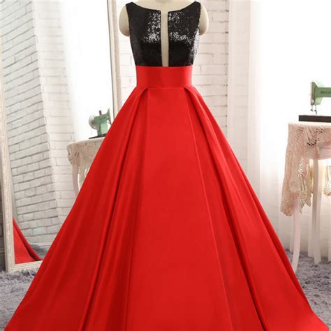 Red Prom Dress Luxury Satin Black Sequins Top Ball Gown Sexy V Back Prom Party Gown On Luulla