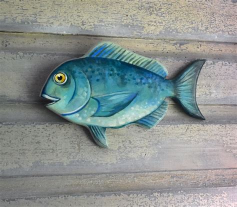 Hand Painted Beach Wood Wall Art Painted Wood Fish Hanging Wood Fish