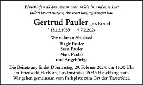 Traueranzeigen Von Gertraud Pauler Vrm Trauer De