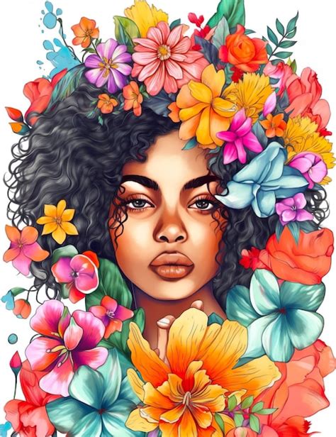 Retrato Hermosa Mujer Afroamericana Combinada Con Flores P Ster Portada