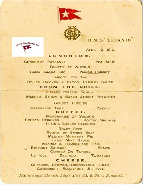 Rms Titanic First Class Lunch Menu April 12 1912 Nice Replica Reprint