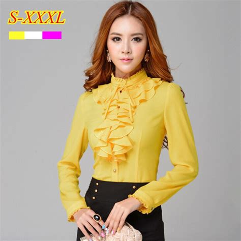 Fashion Female Stand Collar Long Sleeve Yellow Shirt Ol Office Formal Elegant Ruffles Chiffon