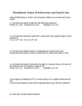 Refraction Lenses Physics Worksheets Grade Science Answers