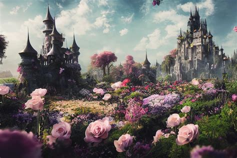 Premium Photo Fantasy Garden Castle With Many Flowers Roses And