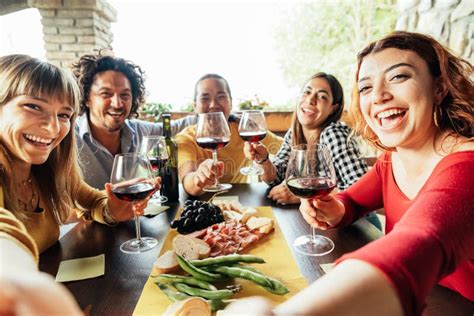 Group Of Happy Friends Taking Selfie At Bbq Outdoor Dinner In Garden