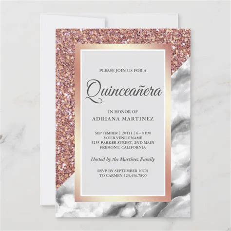 Rose Gold Glitter Grey White Marble Quinceanera Invitation Zazzle