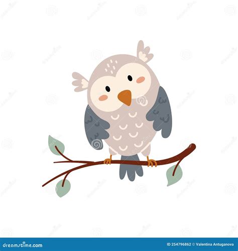 Cute Owl Sitting On A Branch Of Tree Vector Scandinavian Illustration Stock Vector