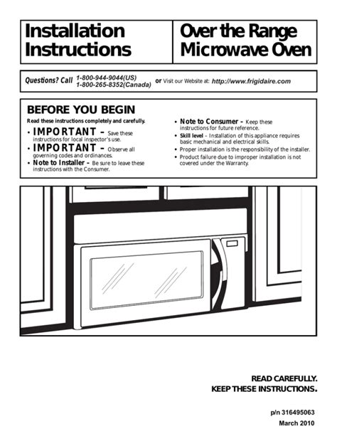 Installation Over the Range Instructions