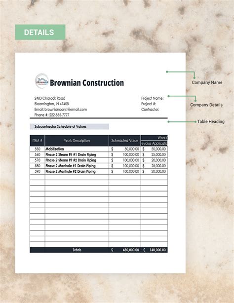 Construction Cost Schedule Of Values Google Sheets Excel Template Net