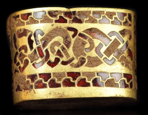 8th century Anglo-Saxon sword hilt fitting, gold with garnet cloisonné ...