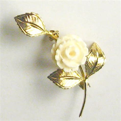 Vintage IVORY Carved Rose Brooch Single Stem Flower Rose