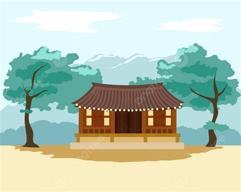 Hanok Korean Traditional House Vector Illustration Folk Korean Layout