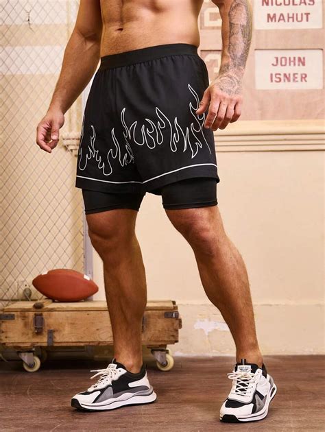 Manfinity Fitness Shorts Deportivos Con Estampado De Llamas Para Hombre