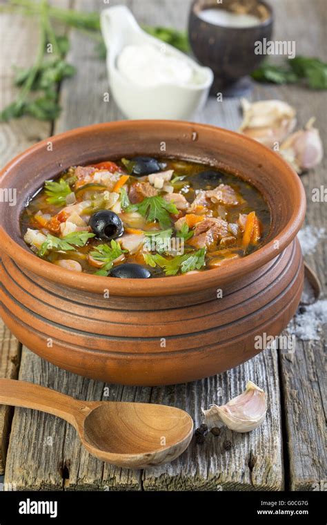 Traditional Russian Soup Made From Several Types Of Meat Solyanka