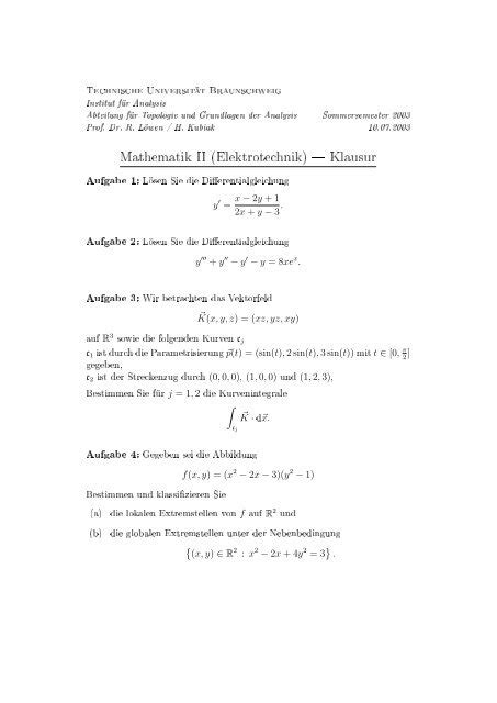 Mathematik Ii Elektrotechnik Klausur Institut F R Analysis Und