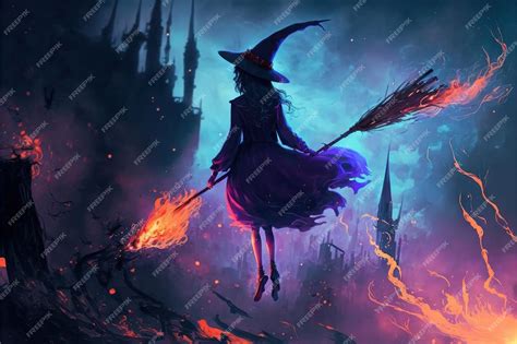 Premium Photo The Witch Walks In The Sky With Magic Digital Art Style