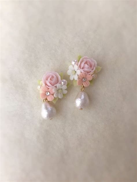 Polymer Clay Flower Earrings With Pink Roses And White Pearls