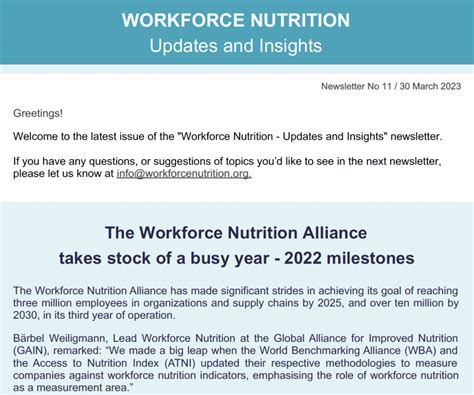 Workforce Nutrition Newsletter No11 Workforce Nutrition Alliance