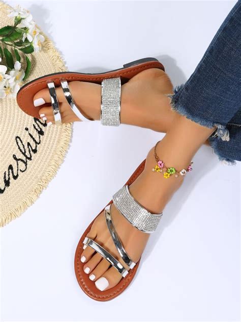 Women Metallic And Rhinestone Decor Slide Sandals Glamorous Summer Flat Sandals Shein Usa