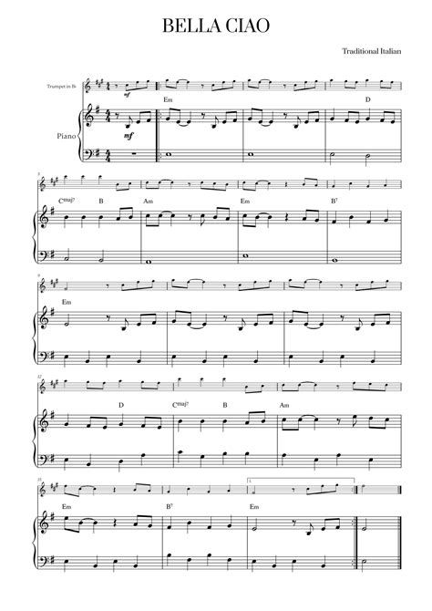 Bella Ciao For Trumpet In Bb And Piano Arr Cadenza Editions By