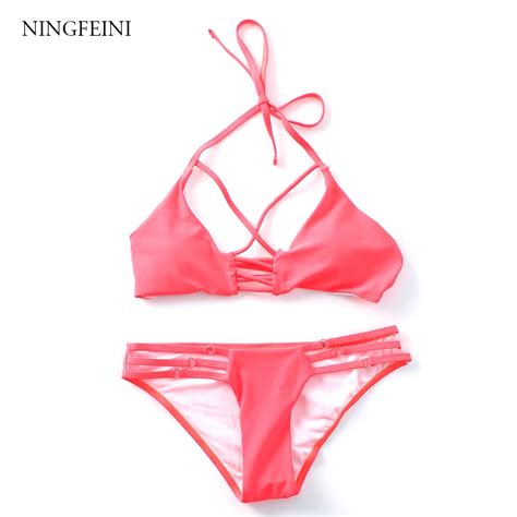 Ningfeini 2018 Sexy Bikini Set Solid Color Classic Swimsuit Thong