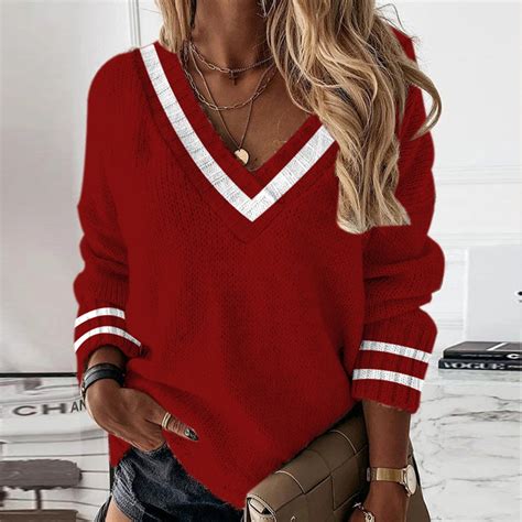 Red V Neck Long Sleeve Sweater Tilose