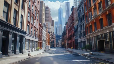 An Empty City Street With Tall Buildings On Both Sides And A Clear Blue