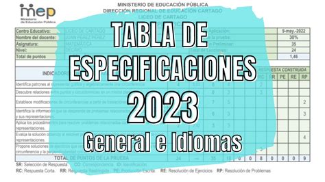 Tabla De Especificaciones MEP Curso Lectivo 2024 General E Idiomas