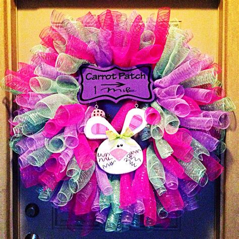 Easter Deco Mesh Wreath With Wooden Bunny And Carrot Patch Sign From