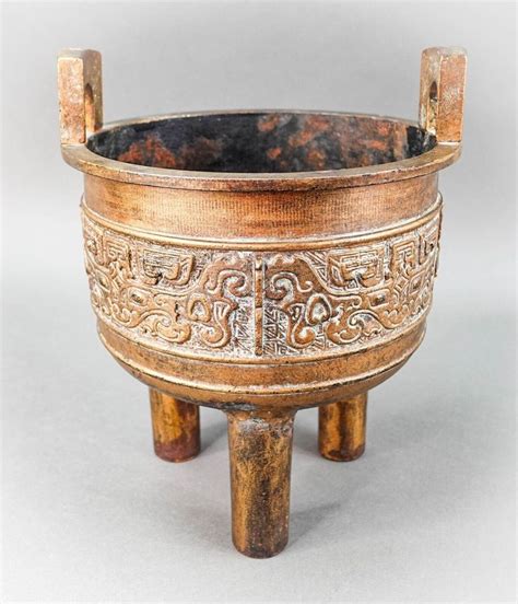 Large Chinese Cold Gilded Cast Iron Archaistic Tripod Censer Ding