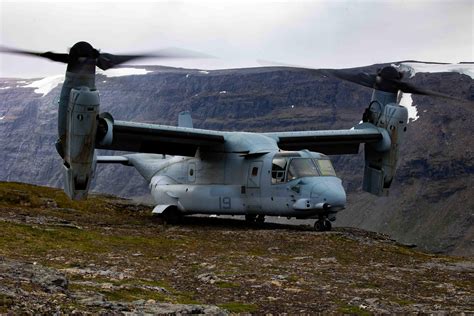 MV-22B lands on a hilltop during flight operations in Bardufoss, Norway ...