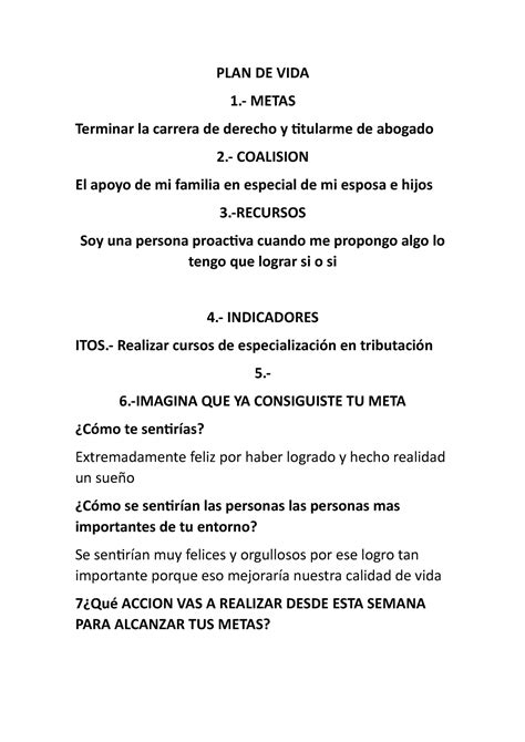 Plan De Vida Plan De Vida Plan De Vida 1 Metas Terminar La Carrera De Derecho Y Titularme