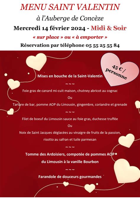 Menu Saint Valentin mercredi 14 février 2024 Auberge de Concèze