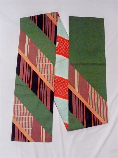 N0216R Vintage Japanese Kimono Green NAGOYA OBI Sash Stripes Silk