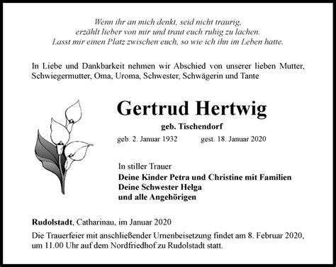 Traueranzeigen Von Gertrud Hertwig Trauer In Thueringen De