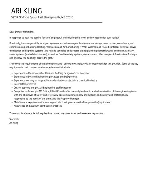 Chief Engineer Cover Letter Velvet Jobs