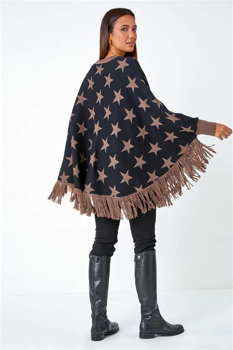 Camel Star Print Wool Blend Fringed Poncho Roman Uk