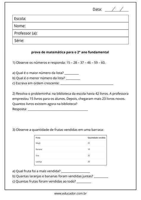 Prova De Segundo Ano - Prova de matemática para o 2° ano fundamental para imprimir - Educador