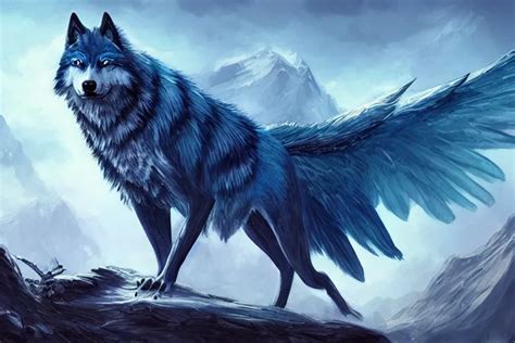 Blue Feathered Wolf With Wings On A Beautiful Fantasy Stable Diffusion