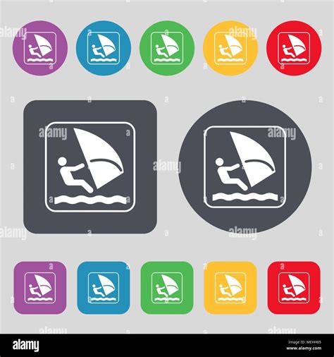 Windsurfing Icon Sign A Set Of Colored Buttons Flat Design Vector