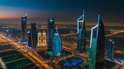 A City Skyline At Night With Many Tall Buildings The Buildings Are Lit