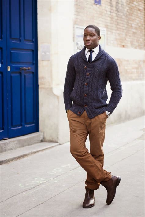 Men S Navy Shawl Cardigan White Dress Shirt Brown Chinos Dark Brown Leather Chelsea Boots