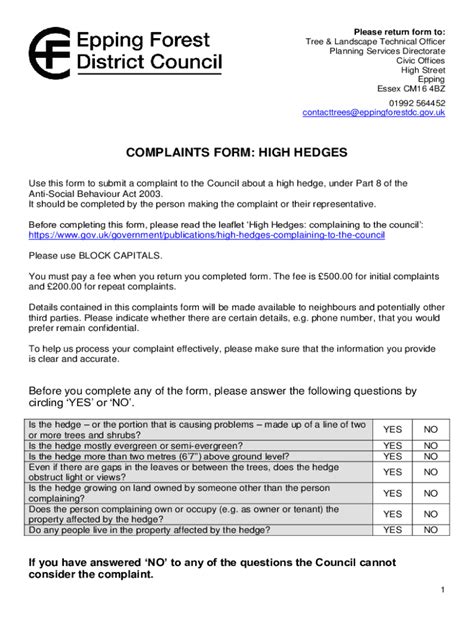 Fillable Online COMPLAINTS FORM HIGH HEDGES Epping Forest District