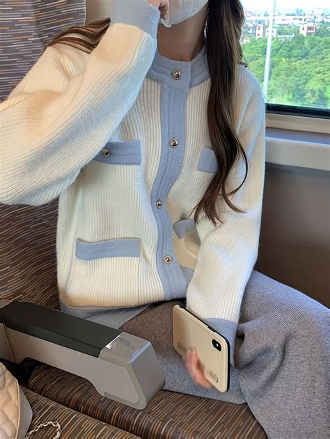 Romildi Color Block Button Front Cardigan Casual Long Sleeve Outwear