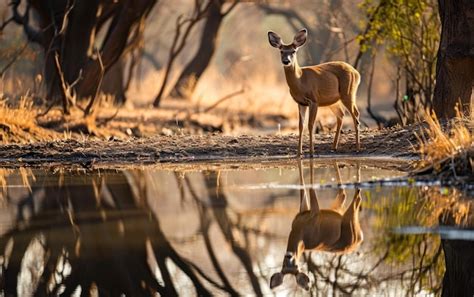 Premium Photo Deer Cautiously Approaching A Watering Hole