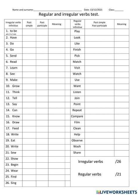 Regular And Irregular Verbs Test Worksheet